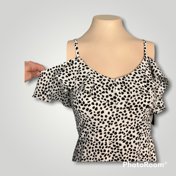 Bcx Ruffle Maxi Dress White Black Dots Off Shoulder Asymmetrical Juniors Size XS - Picture 4 of 12